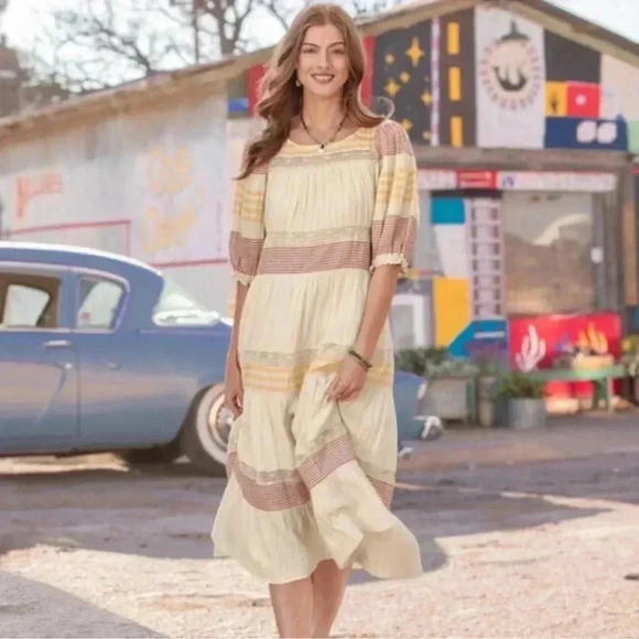 Sundance Cara Belle Tiered Midi Dress SZ Medium Gauzy Mixed Stripe - Picture 8 of 8